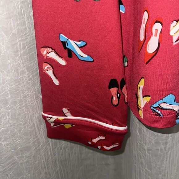 kate spade S Red Multi Stiletto Shoe Print Notch Collar Long Sleeve Pajama Set - Picture 7 of 16